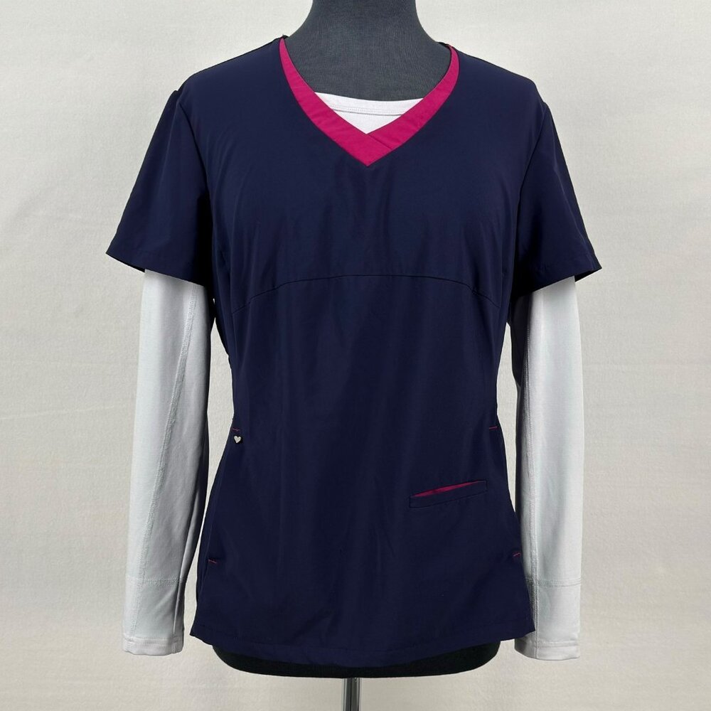 Scrub Couture Women's Scrub Top M Navy Pink V-Neck Long Sleeve‎ Pockets Stretch